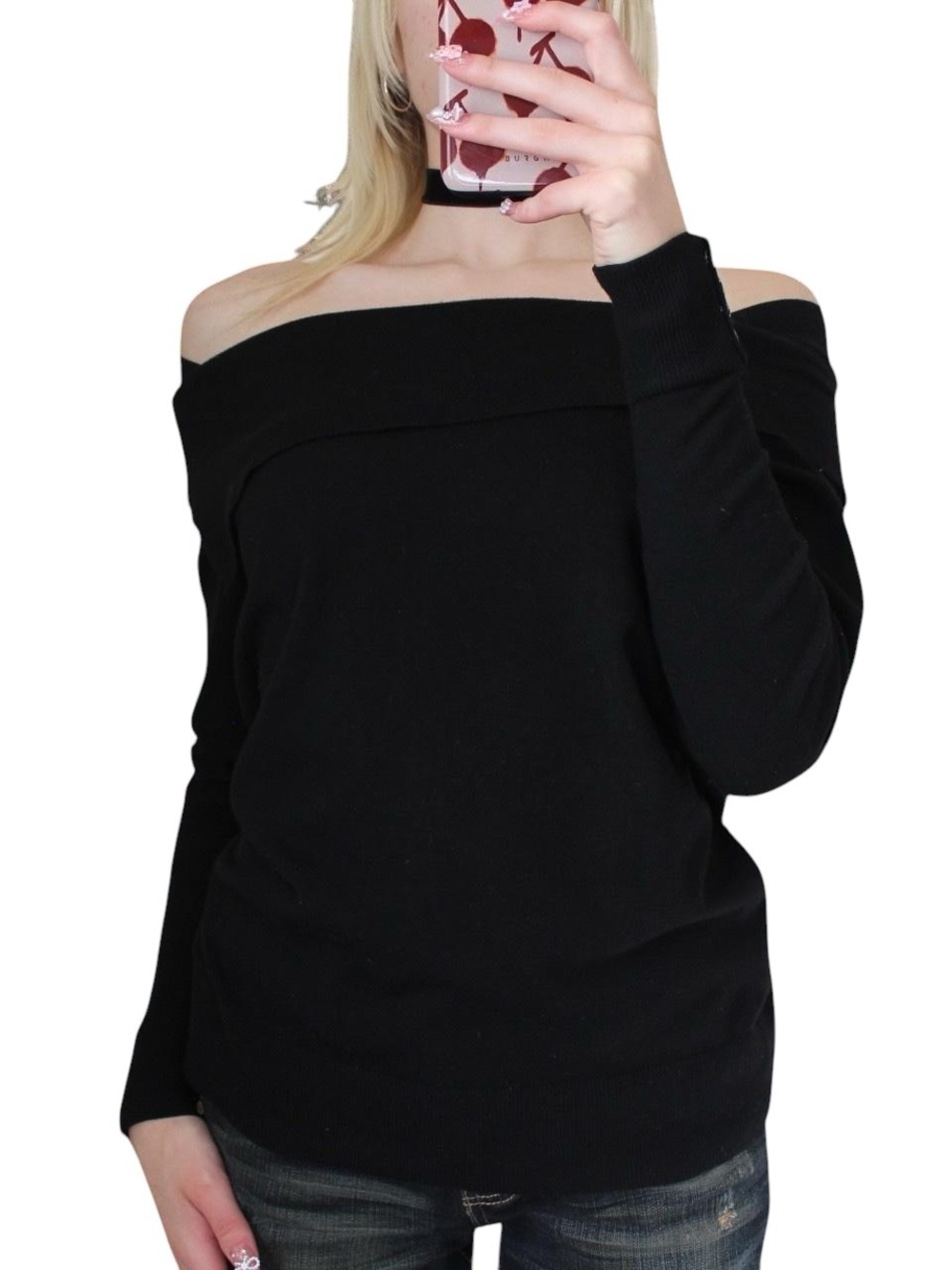 Black off the shoulder knit sweater with button detailing on the sleeves